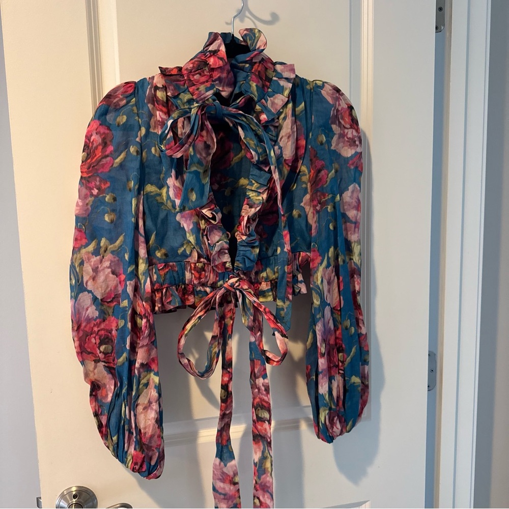 ZIMMERMANN Teal & Pink Floral-Print Cropped Ramie Blouse | Size 0 - Picture 6 of 8